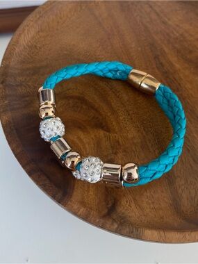 4/$15 Teal Braided Leather Crystal Bead Bracelet